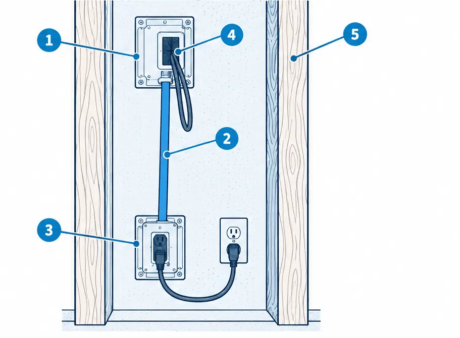 Diagram: side section of a drywall cavity between two studs with an upper recessed box behind a wall-mounted TV, rated in-wall cable, a lower inlet box and a short cord to an existing outlet