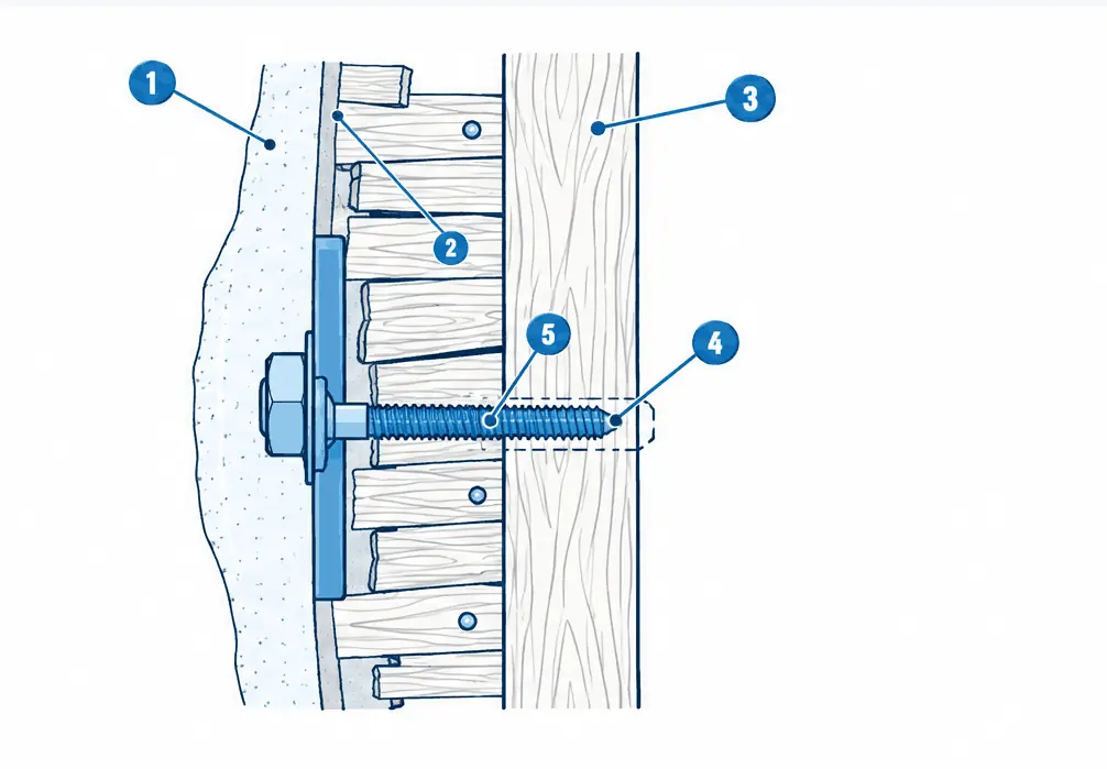 Diagram: side section of a plaster wall over wood lath and a stud, a long lag bolt through the plaster and lath deep into the stud, with a dashed pilot hole