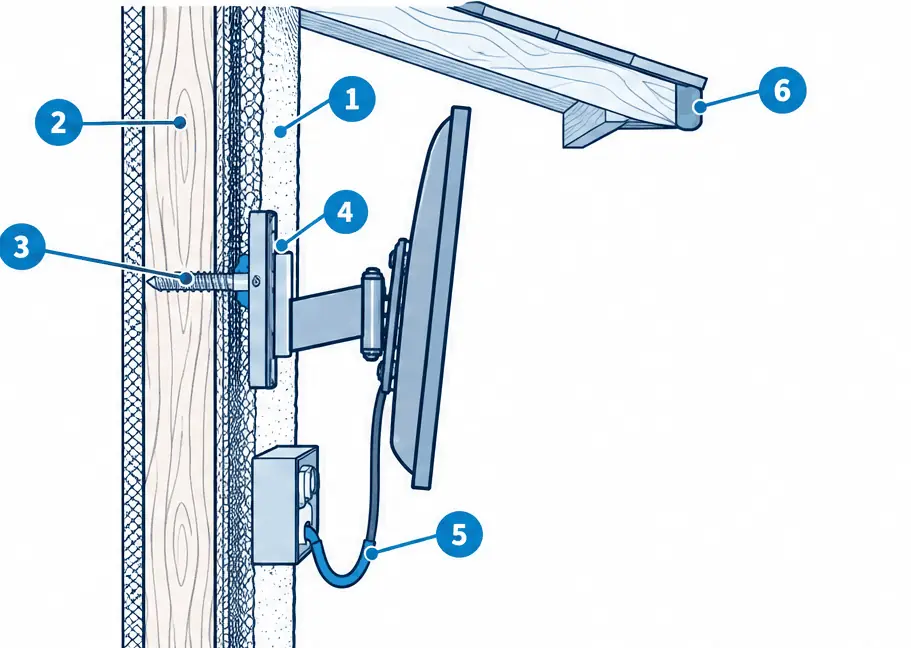 Diagram: side section of a stucco patio wall with a stainless lag bolt through the stucco into a stud, a sealant bead, a TV on a tilting bracket under a patio cover and a cable drip loop