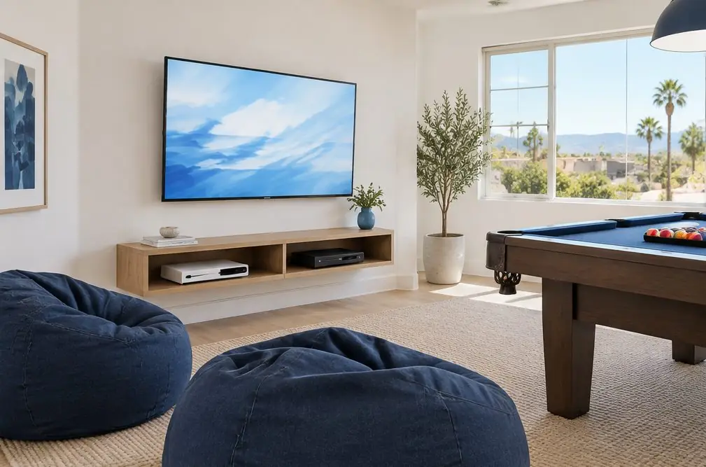 Illustration: a TV on a fixed mount in a bonus room above a low shelf with game consoles, bean bags and a pool table at one side
