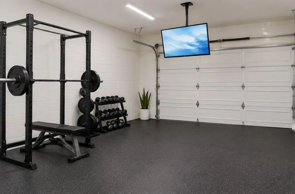 Illustration: a TV on a ceiling drop pole in a clean two-car garage gym with a squat rack, rubber flooring and a barbell