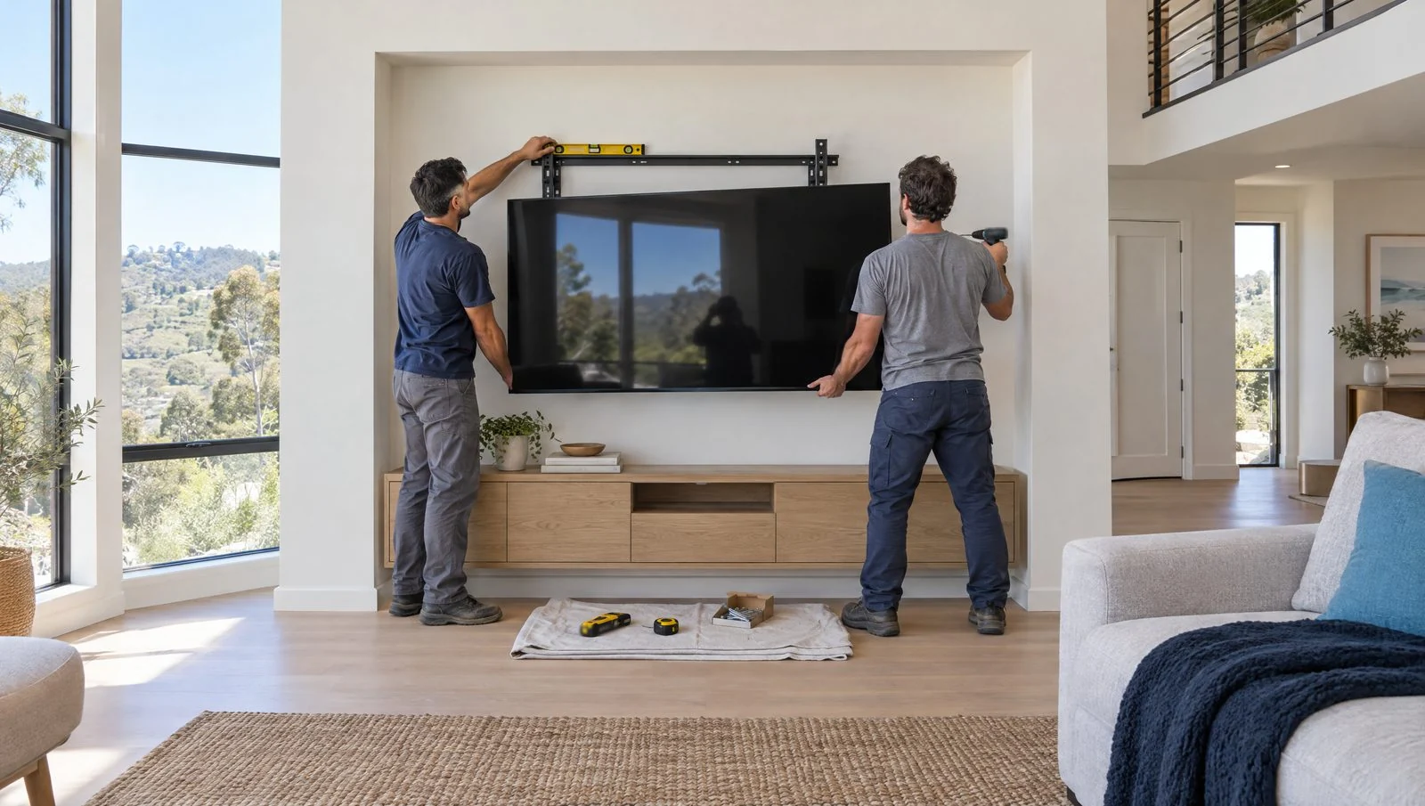 Illustration: two installers mounting a TV on a great-room wall in a bright Lake Forest home, one leveling the bracket while the other holds a drill; the TV screen is off and reflects a window