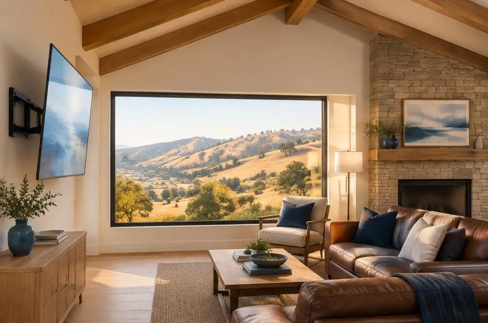 Illustration: a TV on a swing arm beside a wide window with a hillside view in a great room with a stone fireplace and a leather sofa