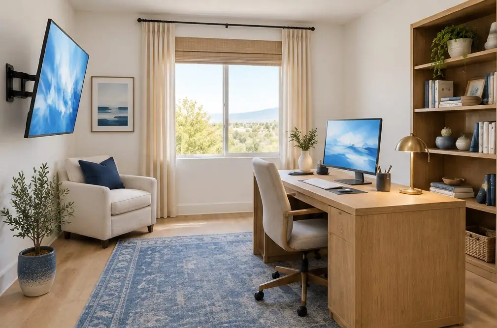 Illustration: a TV on a swing arm on the side wall of a home office with a desk, a monitor, a bookshelf and a small armchair
