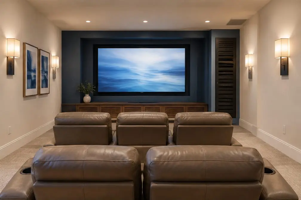 Illustration: a media room with a large TV in a framed niche on the front wall, tiered recliners and a slim equipment cabinet