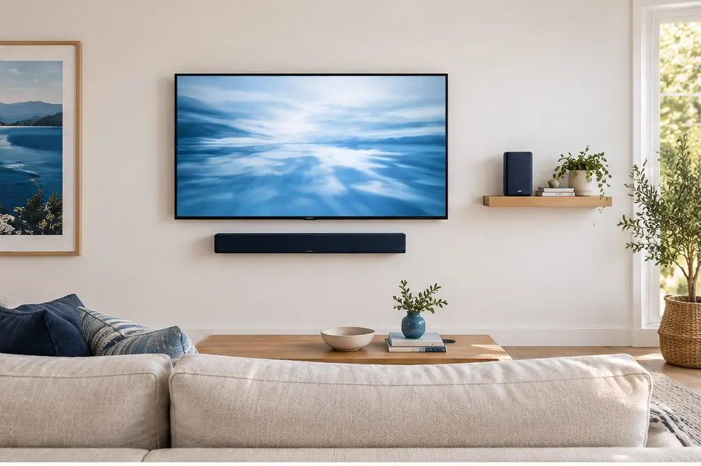 Illustration: a wall-mounted TV with a slim soundbar below it on its own bracket and a small surround speaker on a shelf in a living room