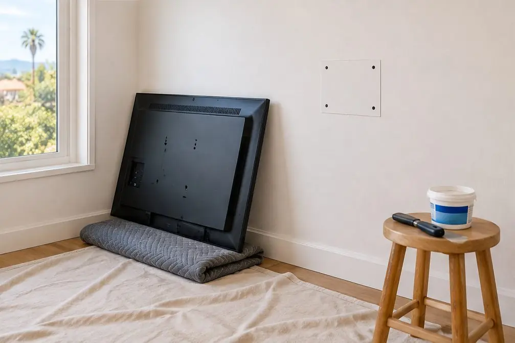 Illustration: a TV leaning on a blanket against a wall beside an empty mount plate with four small holes and a putty knife