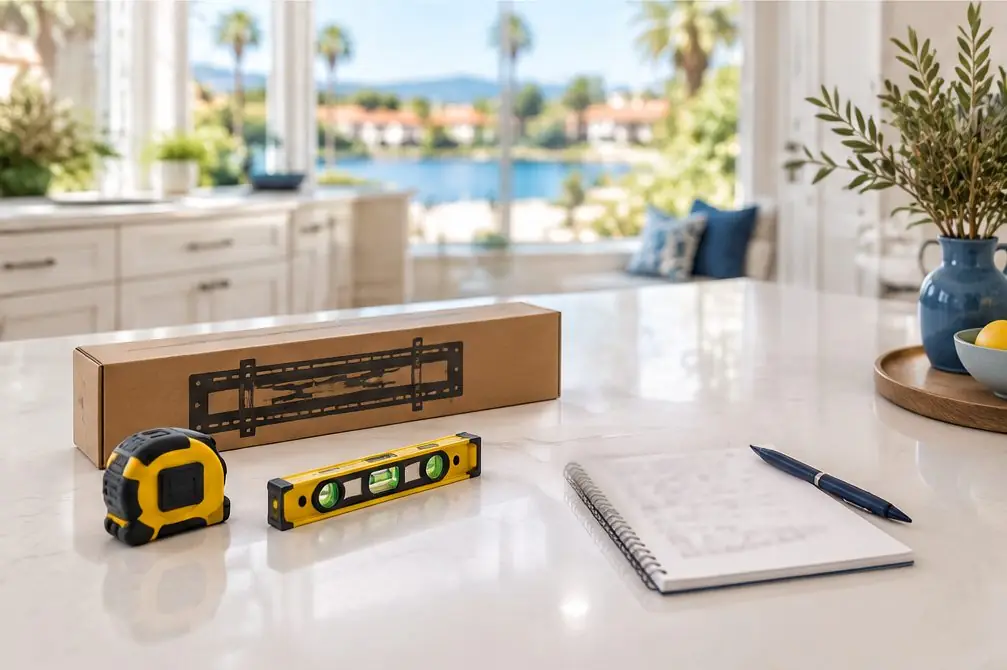 Illustration: a tape measure, a level, a boxed TV bracket and a notepad with blurred figures on a white kitchen counter in a Lake Forest home